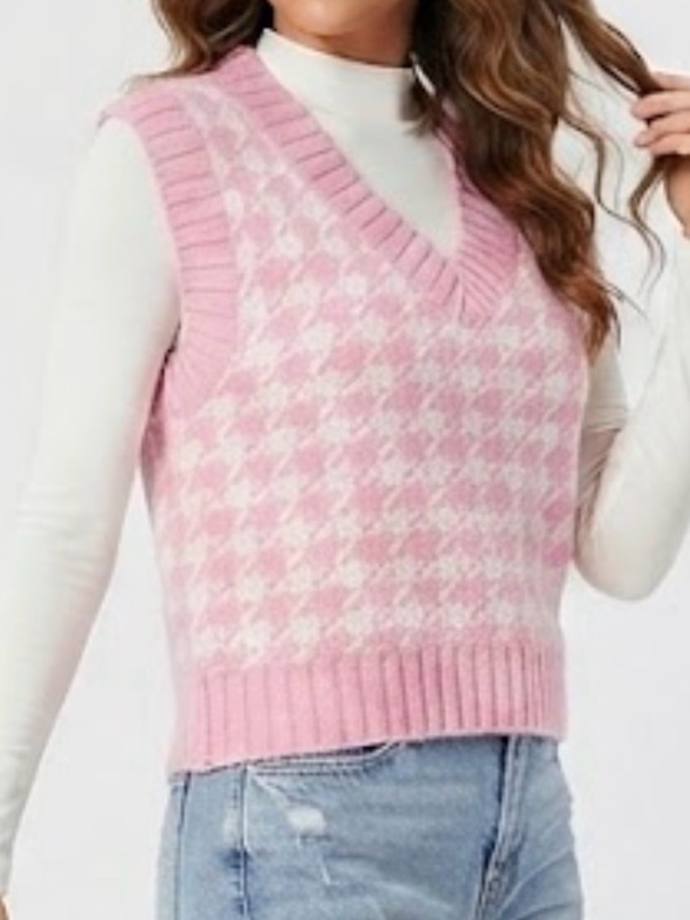 Pink and White Houndstooth Knit Sweater Sleeveless Vest - Women Size Small